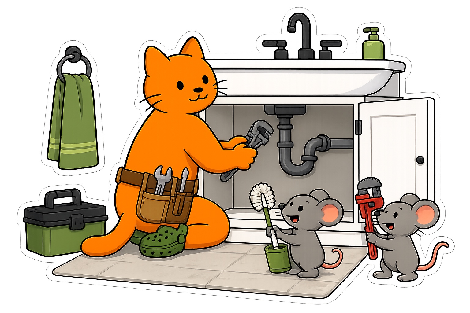 Cartoon handyman cat repairing a sink with two mice