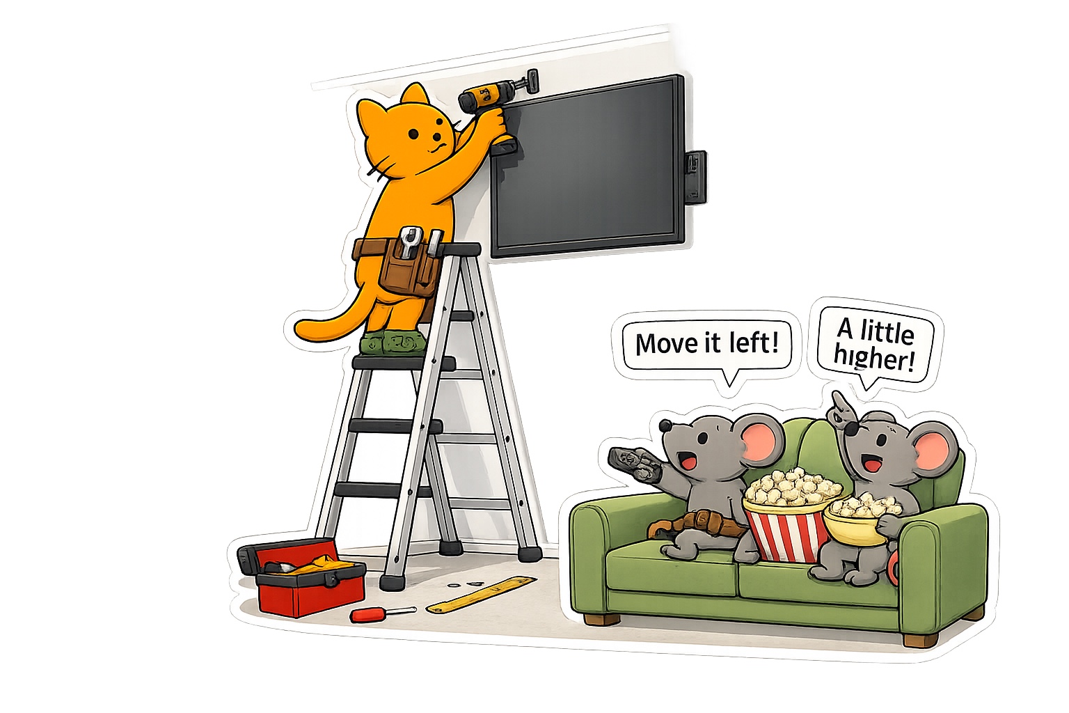 Cartoon handyman cat mounting a television while mice give directions